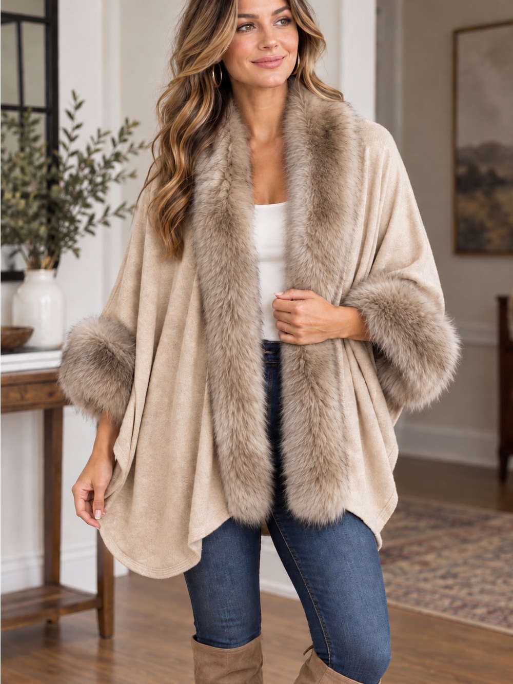 Cozy Faux-Fur Trim Beige Wrap Poncho